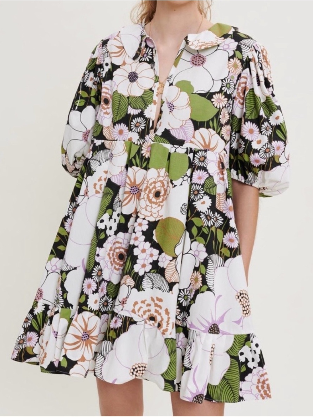 Maje Floral Puff Sleeve Dress in White, Green & Lavender